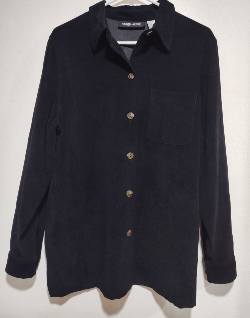 Sag Harbor Women Black Long Sleeve Button Down Blouse Faux Suede Size 14